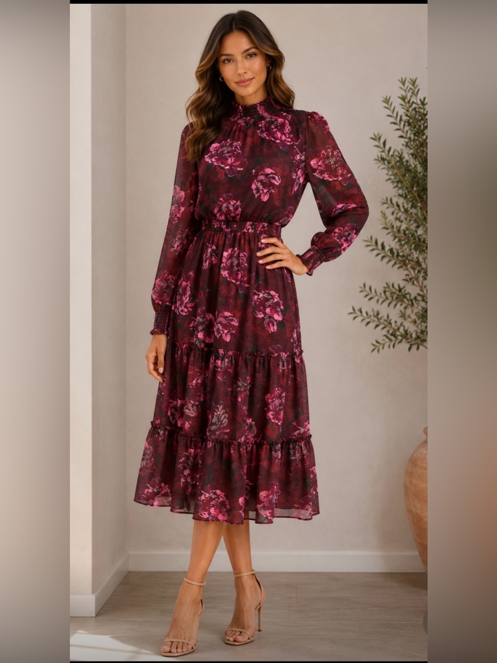 Lost + Wander Wine and Pink Floral Tiered Midi Dress small